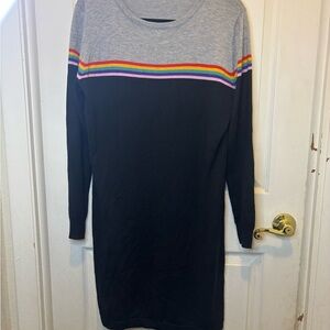 Gray & Navy Long Sleeve Sweater Dress with Rainbow Stripe